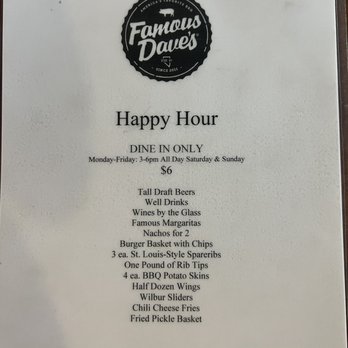 Famous Dave's Bar-B-Que - 9/14/22 Happy hour menu - Barbeque Near Me - Reno, Nevada
