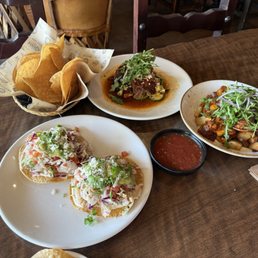 Ceviche Tostadas, Chile Colorado (short rib), Shrimp à la Diabla, Chips and Salsa
