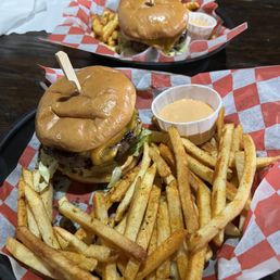 Classic, beyond burgers with straight fries and crinkle cut fries