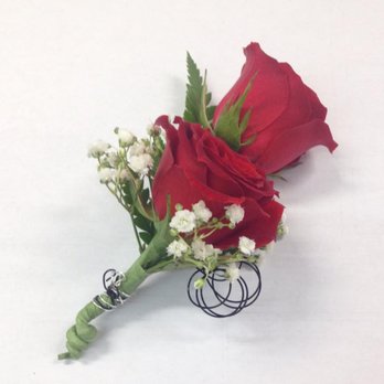 Flower Stop - Homecoming boutonnière with red spray roses, gypsophila and silver and black metallic wire accents. - Florists Near Me - Xenia, Ohio Flower Stop - Homecoming boutonnière with red spray roses, gypsophila and silver and black metallic wire accents. - Florists Near Me - Xenia, Ohio