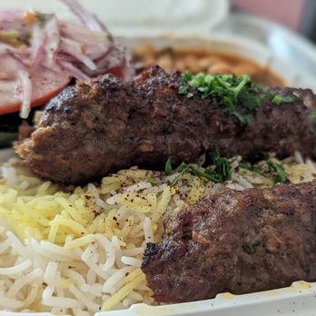 Sheesh Grill - Beef Kubideh ( Ground beef, rice pilaf, salad, chickpeas ) - Halal Near Me - Falls Church, Virginia Sheesh Grill - Beef Kubideh ( Ground beef, rice pilaf, salad, chickpeas ) - Halal Near Me - Falls Church, Virginia