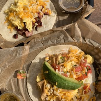 Torchy's Tacos - Jalapeño cheddar sausage, egg, and cheese taco and migas taco - Tacos Near Me - Austin, Texas Torchy's Tacos - Jalapeño cheddar sausage, egg, and cheese taco and migas taco - Tacos Near Me - Austin, Texas
