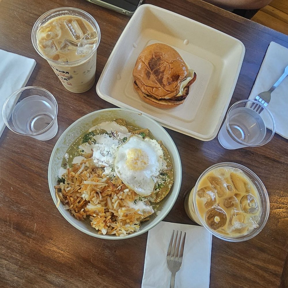 Picaresca Barra De Cafe - Chilaquiles with egg (over easy added) 1 mocha and 1 vanilla latte (iced) and a mulato breakfast sandwich. - Coffee & Tea Near Me - Los Angeles, California Picaresca Barra De Cafe - Chilaquiles with egg (over easy added) 1 mocha and 1 vanilla latte (iced) and a mulato breakfast sandwich. - Coffee & Tea Near Me - Los Angeles, California