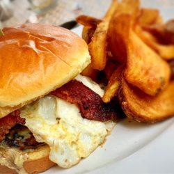 Vintage Brewing - Black & Bleu burger with a fried egg, Sidewinder Fries