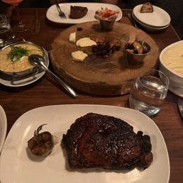 Five item charcuterie board, 16 ounce Cajun ribeye steak, creamed corn, mashed potatoes, and 6 ounce filet mignon Five item charcuterie board, 16 ounce Cajun ribeye steak, creamed corn, mashed potatoes, and 6 ounce filet mignon