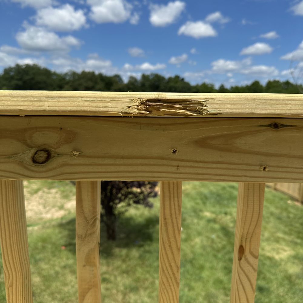 B&T Deck Remolding - This is brand new railing. This wood has chunks missing out of it and I have already gotten splinters from it - Decks & Railing Near Me B&T Deck Remolding - This is brand new railing. This wood has chunks missing out of it and I have already gotten splinters from it - Decks & Railing Near Me