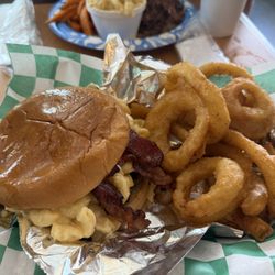 The Joint Burgers and BBQ - Mac daddy with onion rings
