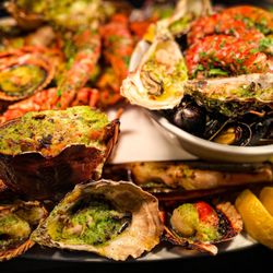 The Mussel and Steak Bar - World Famous Shellfish Platter - with lobster, Scottish Brown Crab, North Atlantic King Prawns, scallops, oysters, king scallops and mussels