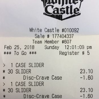 White Castle - They took care of "That Guy" -  dropping a 60 slider order at high noon lunch rush. - Burgers Near Me - Romeoville, Illinois
