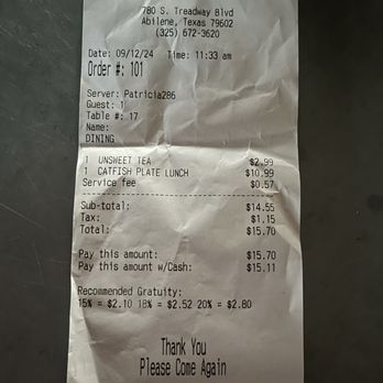 Catfish Corner - Invoice for five piece lunch and drink - Seafood Near Me - Abilene, Texas