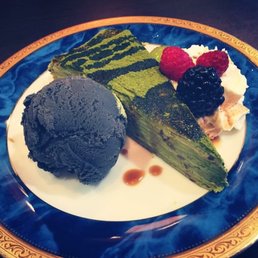 Green tea mille cake with black sesame ice cream