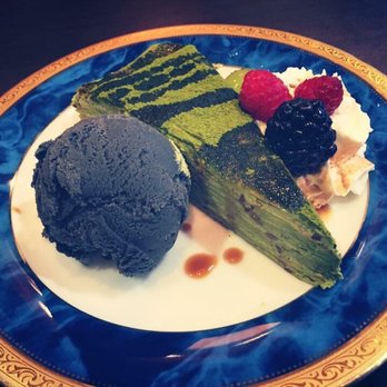 Green Tea Lounge - Green tea mille cake with black sesame ice cream - Coffee & Tea Near Me - Markham, Ontario