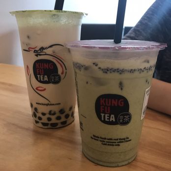 Kung Fu Tea - Large oolong milk tea with boba (left), small sesame matcha milk (right) - Bubble Tea Near Me - Sugar Land, Texas