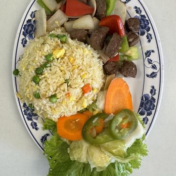 Pho Holy - Bo Luc Lac with fried rice and side of fresh pickled veggies - Vietnamese Near Me - Anaheim, California