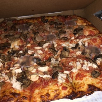 D'Angelo's - Sicilian Pizza-mushrooms on all, 1/2 chicken, 1/2 sausage. YUMMY!! Dough is delicious and cooked just right! - Pizza Near Me - Palm Beach Gardens, Florida