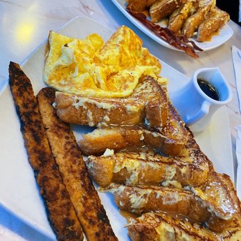 Silver Diner - Caramel French Toast and Eggs with Tempeh Bacon - Diners Near Me - Springfield, Virginia Silver Diner - Caramel French Toast and Eggs with Tempeh Bacon - Diners Near Me - Springfield, Virginia