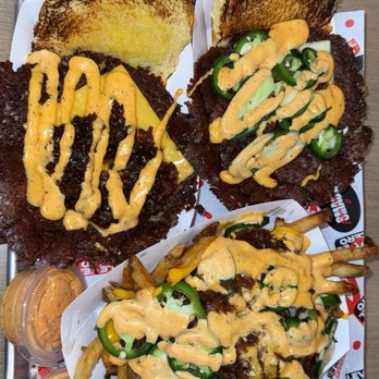 Level Zero - Top left: double patty Jam n Smash. Top right; double patty Jalapeño Smasher. Bottom: Smash Fries - Halal Near Me - Dearborn, Michigan