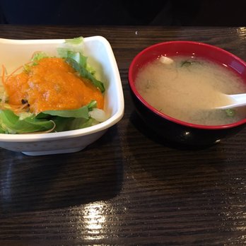 Mr Sushi - Miso soup and house salad with ginger dressing. - Sushi Bars Near Me - Cherry Hill, New Jersey
