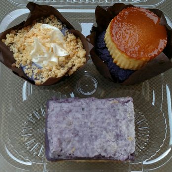 Cafe 86 - Top left then clockwise: Ube Crack Cheesecake, Ube Leche Flan Cupcake, Ube Butter Bar - Desserts Near Me - San Diego, California