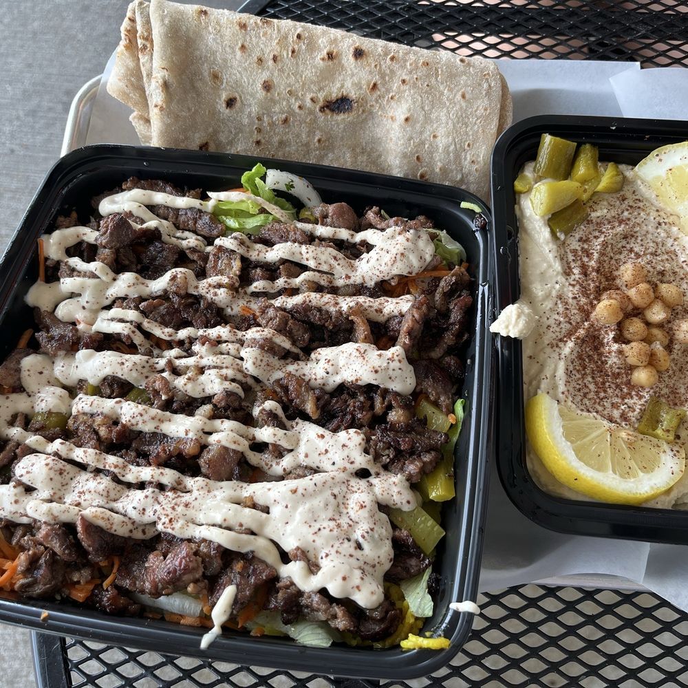 Beef Shawerma Bowl & hummus with pita bread Beef Shawerma Bowl & hummus with pita bread