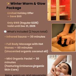 Wanserene Organic Spa & Massage - Winter Warm & Glow Package
Infrared Sauna + Hot Stone Massage + Organic Mini Facial (2 hrs)
Only $165 (Save $60!) * Until Dec 31, 2025