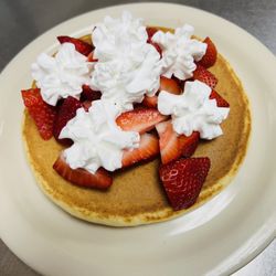 Hungry Bear Restaurant - Pancake with strawberries and whip cream