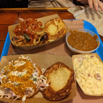 Post Oak Barbecue - Brisket Sandwich (Texas style), Pulled pork Sandwich (Carolina style), mac n cheese, bean - Smokehouse Near Me - Denver, Colorado Post Oak Barbecue - Brisket Sandwich (Texas style), Pulled pork Sandwich (Carolina style), mac n cheese, bean - Smokehouse Near Me - Denver, Colorado