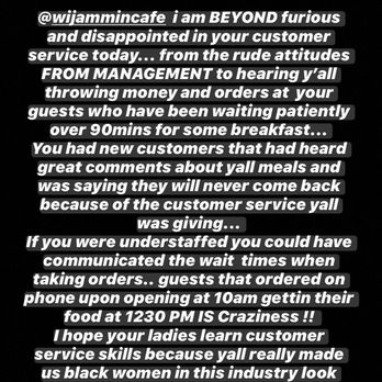 Wi Jammin Caribbean Cafe - Tuesday July 14,2020 I arrived at 10:30 and did not receive my food until 12:50. Quoted 45mins.. - Caribbean Near Me - Los Angeles, California Wi Jammin Caribbean Cafe - Tuesday July 14,2020 I arrived at 10:30 and did not receive my food until 12:50. Quoted 45mins.. - Caribbean Near Me - Los Angeles, California