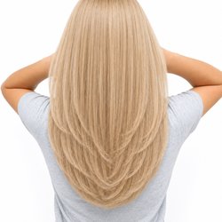 Blonde hair color with U shape low layered haircut