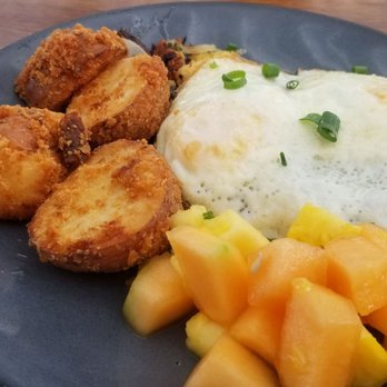 Aloha Mixed Plate - Taro hash and over medium eggs with fresh fruit - Hawaiian Near Me - Lahaina, Hawaii Aloha Mixed Plate - Taro hash and over medium eggs with fresh fruit - Hawaiian Near Me - Lahaina, Hawaii