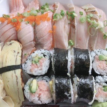 Musashi's - 3 seared salmon, 3 albacore, 1 tamago, and 1 order of spicy tuna avocado roll - Japanese Near Me - Bellevue, Washington Musashi's - 3 seared salmon, 3 albacore, 1 tamago, and 1 order of spicy tuna avocado roll - Japanese Near Me - Bellevue, Washington
