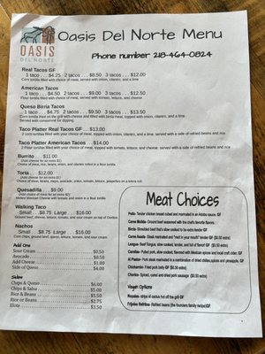 Menu photo 2 Oasis Del Norte Duluth, MN