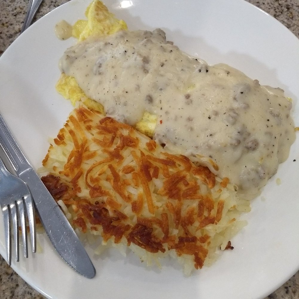Eggsquisite Cafe - Biscuits and gravy omellett at Eggsquisite Cafe in McKinney. - Breakfast & Brunch Near Me - McKinney, Texas