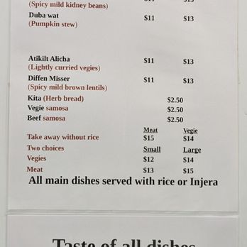 Seni's Ethiopian Cuisine - Menu as of June 2022. - Ethiopian Near Me - Kingston, ACT Seni's Ethiopian Cuisine - Menu as of June 2022. - Ethiopian Near Me - Kingston, ACT