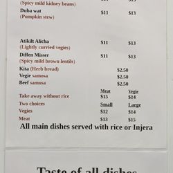 Seni's Ethiopian Cuisine - Menu as of June 2022.