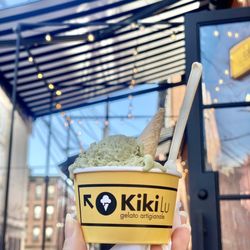 KikiLu Gelato Artigianale - Pistachio gelato with small cone.