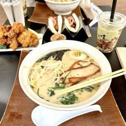TONKOTSU RAMEN, "strawberry" matcha latte with boba TONKOTSU RAMEN, "strawberry" matcha latte with boba