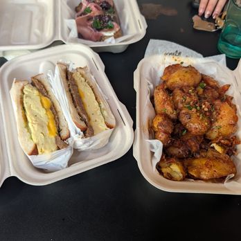 Milk Belly Bakery - Clockwise from top: Ham and Brie Toast, Potato Tostones and Longanisa Sando - Bakeries Near Me - San Jose, California Milk Belly Bakery - Clockwise from top: Ham and Brie Toast, Potato Tostones and Longanisa Sando - Bakeries Near Me - San Jose, California