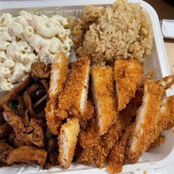 Hawaiian BBQ & Ramen - Aloha plate- half katsu chicken and half fire chicken with fried rice and macaroni salad(instead of regular salad). - Barbeque Near Me - Montgomery, Alabama Hawaiian BBQ & Ramen - Aloha plate- half katsu chicken and half fire chicken with fried rice and macaroni salad(instead of regular salad). - Barbeque Near Me - Montgomery, Alabama