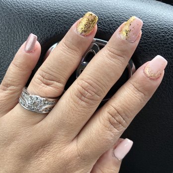 I Color Nails Spa - Gel polish topped with gold flakes and rose gold holographic on the pinky. - Nail Technicians Near Me - West Columbia, South Carolina I Color Nails Spa - Gel polish topped with gold flakes and rose gold holographic on the pinky. - Nail Technicians Near Me - West Columbia, South Carolina