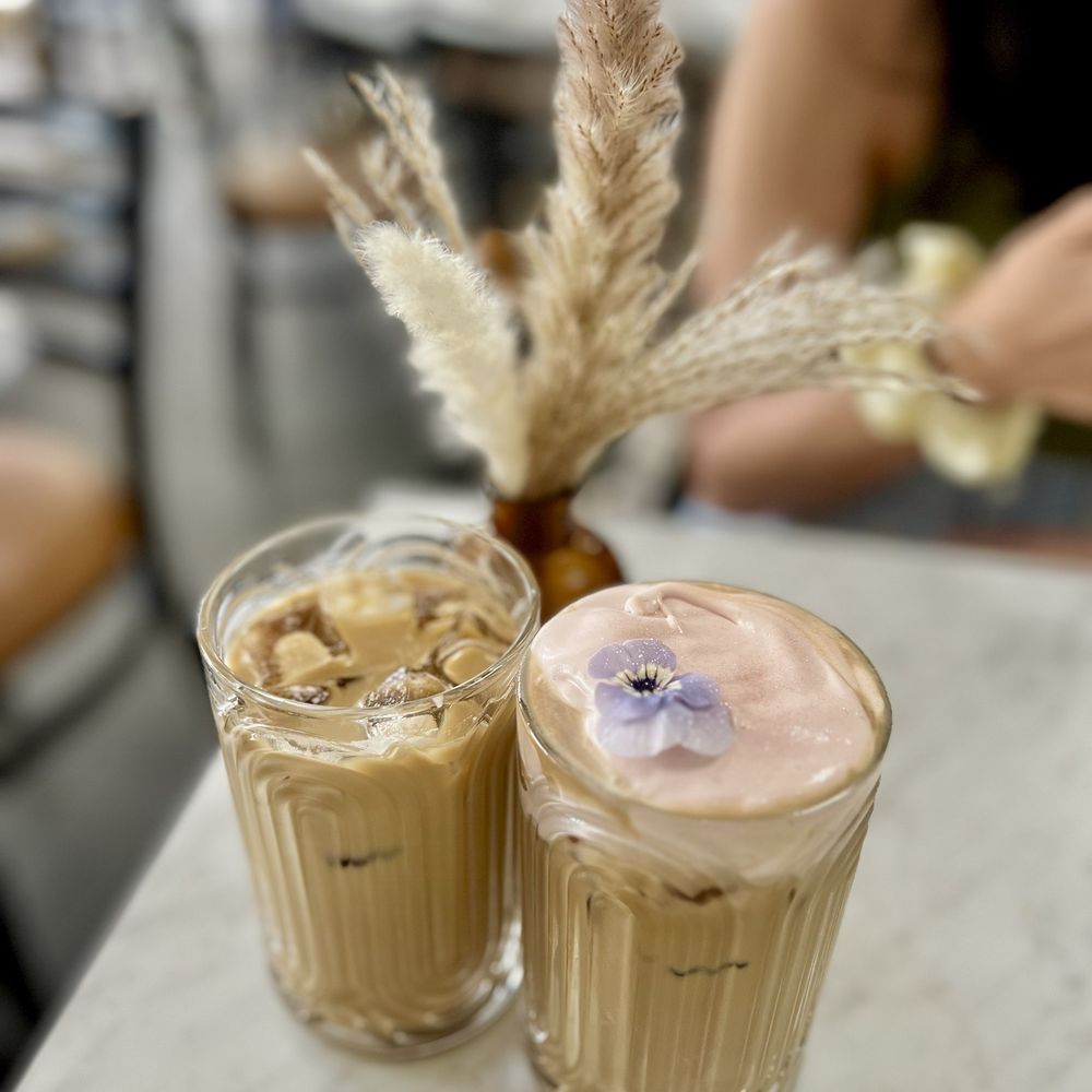 The Bees Knees Bistro - French Vanilla Latte w/ vanilla + Rasberry cold foam (6.50) Honey Lavender Latte w/ oat milk (6.50 + 0.75 for oatmilk) - Cafes Near Me - Wallingford, Connecticut The Bees Knees Bistro - French Vanilla Latte w/ vanilla + Rasberry cold foam (6.50) Honey Lavender Latte w/ oat milk (6.50 + 0.75 for oatmilk) - Cafes Near Me - Wallingford, Connecticut