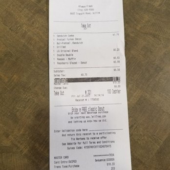 Tim Hortons - Receipt - Donuts Near Me - Williamsville, New York Tim Hortons - Receipt - Donuts Near Me - Williamsville, New York