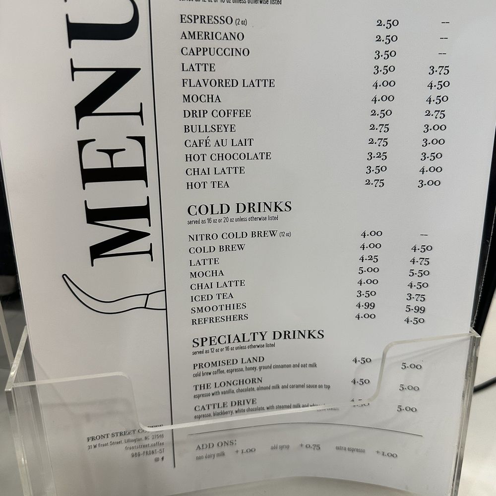 Front Street Coffee - menu for hot drinks - Coffee & Tea Near Me - Lillington, North Carolina Front Street Coffee - menu for hot drinks - Coffee & Tea Near Me - Lillington, North Carolina