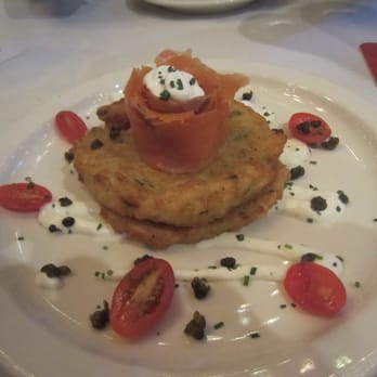 Der Biergarten - Smoked salmon and potato pancake with dill cream sauce. - German Near Me - Atlanta, Georgia