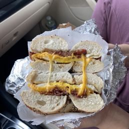 Bacon, Egg & Cheese Breakfast Sandwich on an Everything Bagel Bacon, Egg & Cheese Breakfast Sandwich on an Everything Bagel