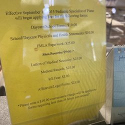 Pediatric Specialists of Plano - Fees for forms/paperwork