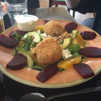 Ardsley Diner - Beet salad (goat cheese, avo and walnut) with salmon cake - Diners Near Me - Ardsley, New York