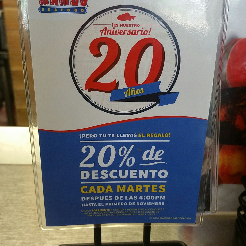 Mambo Seafood - Happy 20th anniversary get 20% off on Tuesday after 4 pm until November 1st - Seafood Near Me - Houston, Texas Mambo Seafood - Happy 20th anniversary get 20% off on Tuesday after 4 pm until November 1st - Seafood Near Me - Houston, Texas