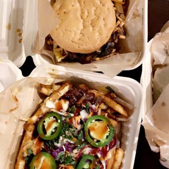 Chicana - Gluten Free Shroom Steak Burger and Gluten Free Animaless Fries on top and Pulled Pork Fries - Vegan Near Me - Fullerton, California