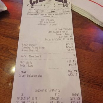 Granzella's Restaurant - May 10 2026 receipt - Italian Near Me - Williams, California